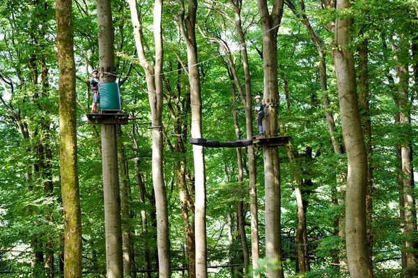Orman macera parkında iki çocuk. Miğferli çocuklar yüksek ip üzerinde tırmanırlar. Çeviklik becerileri ve çocuklar için açık hava eğlence merkezine tırmanma. Çocuklar ve aileler için açık hava aktivitesi. — Stok fotoğraf