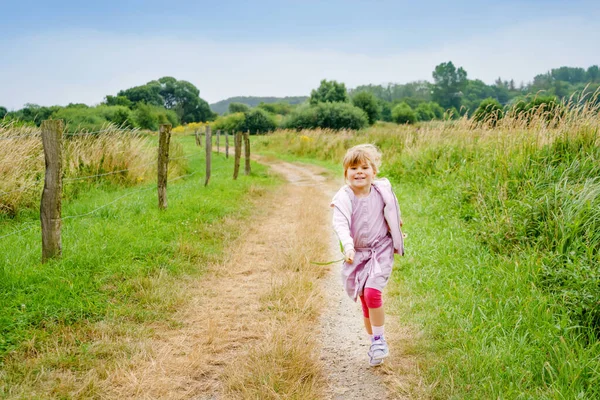 Pequeña niña feliz corriendo en la naturaleza, paseo de verano por los campos, al aire libre. Divertido niño preescolar hild divertirse con correr, caminar, saltar en el día de verano. Ocio familiar activo en verano. —  Fotos de Stock