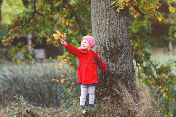 Linda niña pequeña en abrigo rojo haciendo un paseo a través del bosque de otoño. Feliz bebé sano disfrutando de caminar con los padres. Día de otoño soleado con el niño. Ocio activo y actividad con niños en la naturaleza. —  Fotos de Stock