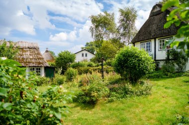 Almanya 'nın güzel Schlei bölgesi, Holstein. Yazın Alman manzarası. Schlei nehri ve sazlık, su sazlıklarının çatıları olan tipik evler. Sieseby Köyü