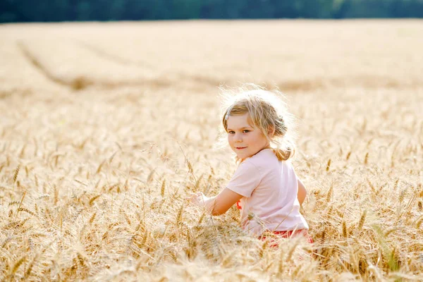 Portrait of happy smiling preschool girl in wheat grain field outdoors. Little child with blond hairs looking and smiling at the camera. Happy healthy child enjoy outdoor activity and playing. — Stock Photo, Image