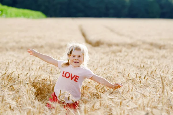 Retrato de menina pré-escolar sorridente feliz no campo de grãos de trigo ao ar livre. Criança pequena com cabelos loiros olhando e sorrindo para a câmera. Criança saudável feliz desfrutar de atividade ao ar livre e brincar. — Fotografia de Stock