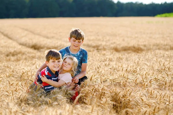 Twee schoolkinderen jongens en zusje, kleuter meisje knuffelend op tarweveld. drie gelukkige kinderen spelen samen en hebben plezier zonnige zomerdag. Verliefde broers en zussen. — Stockfoto