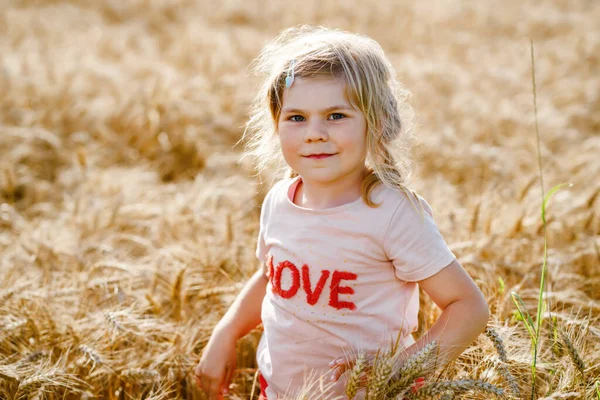 Retrato de menina pré-escolar sorridente feliz no campo de grãos de trigo ao ar livre. Criança pequena com cabelos loiros olhando e sorrindo para a câmera. Criança saudável feliz desfrutar de atividade ao ar livre e brincar. — Fotografia de Stock