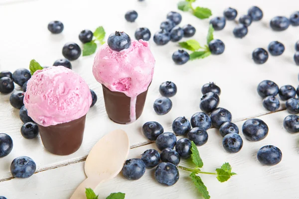 Черничное мороженое или замороженный йогурт и веточка мяты, с фри — стоковое фото