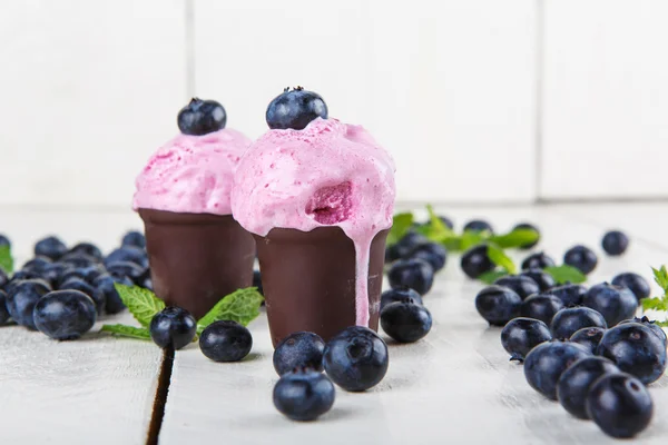 Blueberry ijs of bevroren yoghurt en takje munt, met fre — Stockfoto