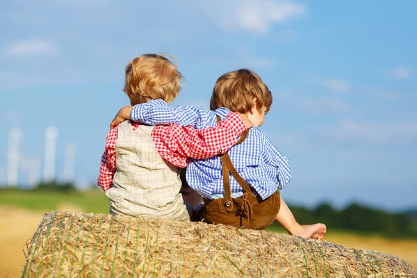 Twee kleine kinderen en vrienden zittend op hooi stapel — Stockfoto