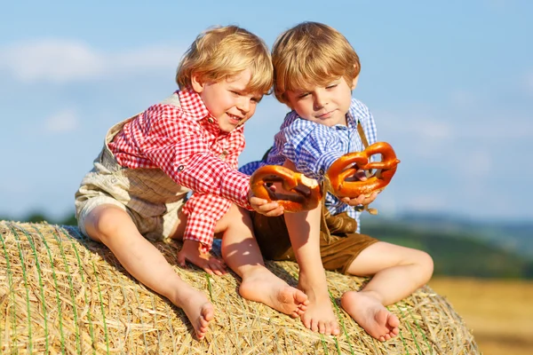 Deux petits frères et sœurs et amis assis sur la pile de foin et ea — Photo