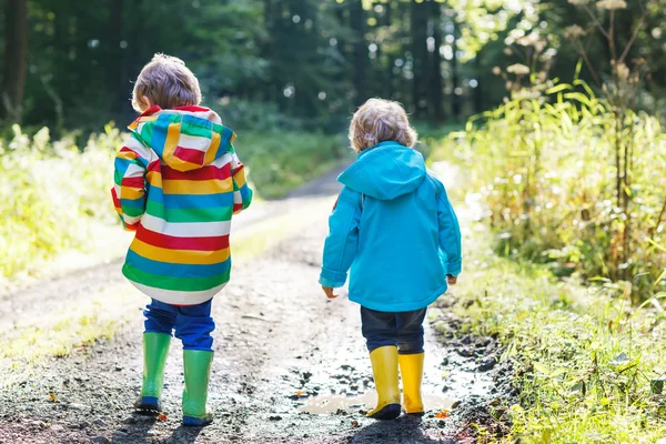 Dos niños hermanos pequeños en coloridos impermeables y botas caminando — Foto de Stock