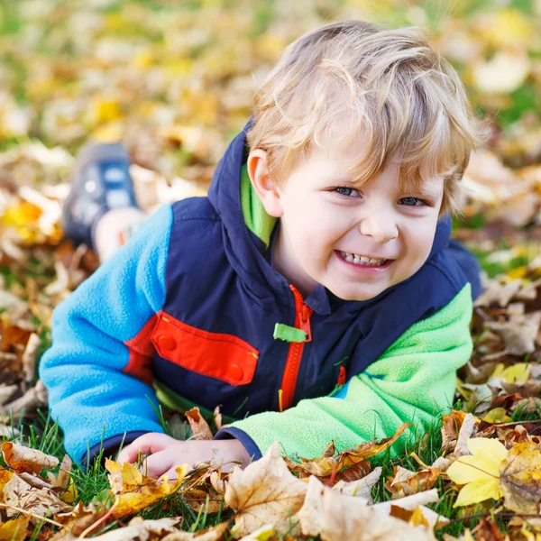 Criança pequena bonito se divertindo com folhagem de outono — Fotografia de Stock