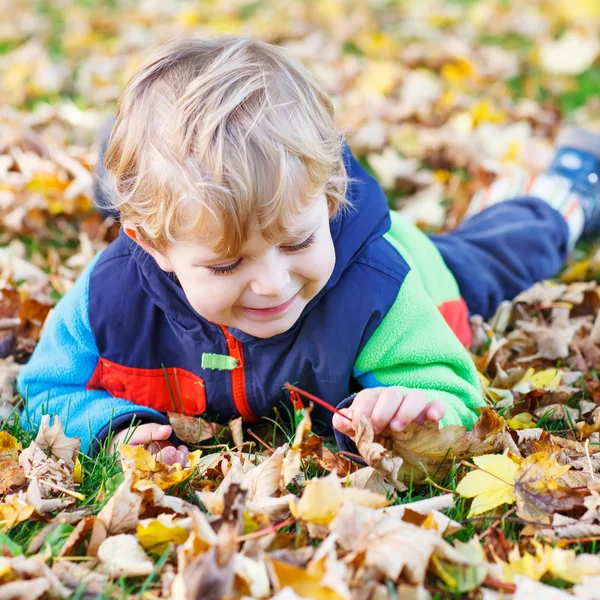 Carino bambino piccolo bambino divertendosi con fogliame autunno — Foto Stock