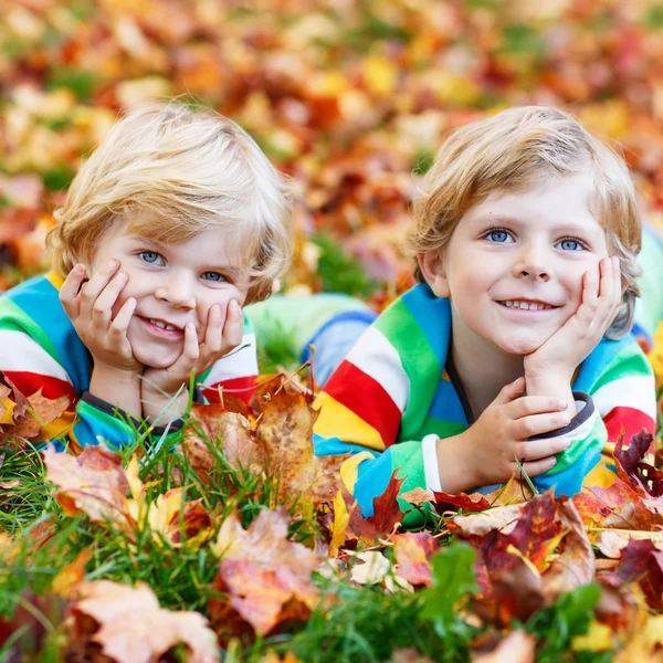 Two little kid boys laying in autumn leaves in colorful clothing — Stock Photo, Image