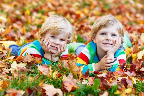 Dois meninos pequenos que põem em folhas de outono na roupa colorida — Fotografia de Stock