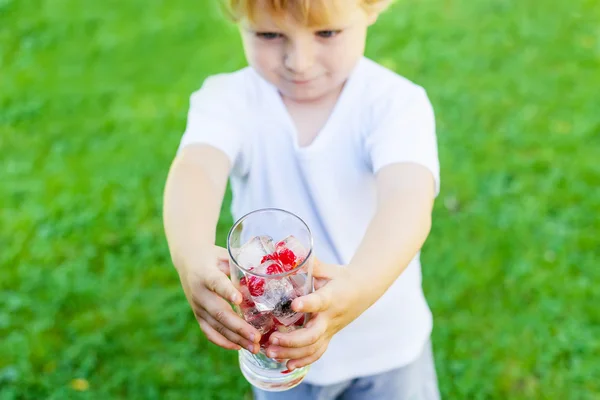 Piękny toddler chłopiec z szklanki kostek lodu jagoda — Zdjęcie stockowe