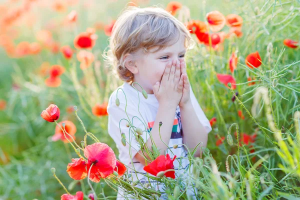 Niño lindo con flor de amapola en el campo de amapola en el cálido día de verano — Foto de Stock