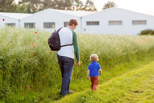Ojciec i mały chłopiec syn idąc przez pole Maków w lecie — Zdjęcie stockowe