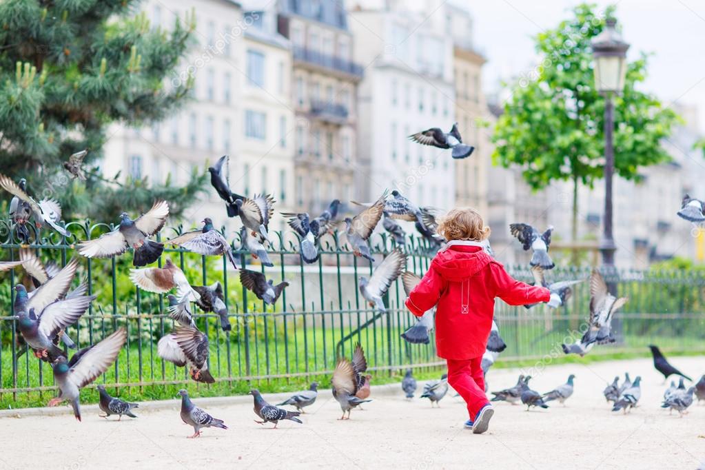 Cute little  boy catching and playing with pigeons in city