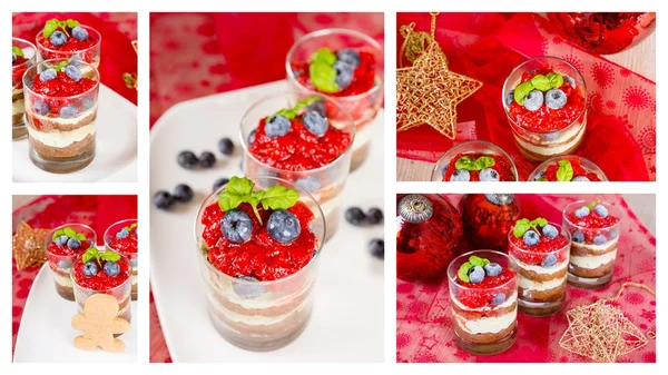 Christmas dessert. Sweet dessert tiramisu with strawberry, fresh blueberry and basil creme — Stock Photo, Image