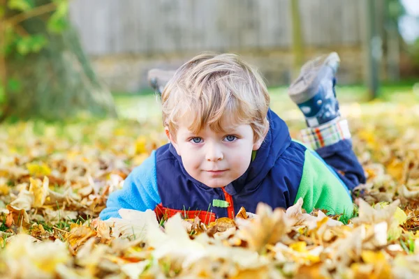 Garoto bonito menino se divertindo no parque de outono — Fotografia de Stock