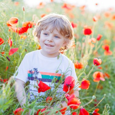 Sıcak yaz gününde haşhaş sahada haşhaş çiçek çocukla şirin çocuk