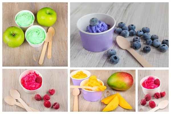 Collage av fyra olika frysta krämig is yoghurt — Stockfoto