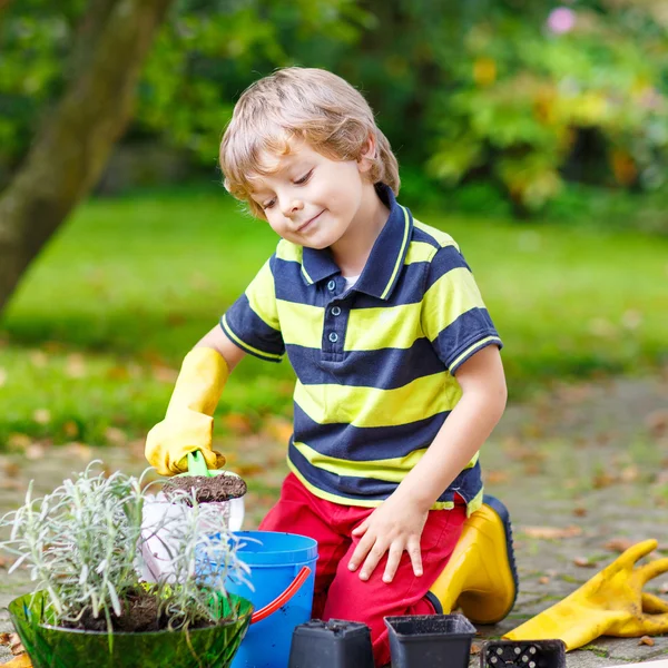 Funny little boy gardening and planting flowers in home's garden — Stock Photo, Image