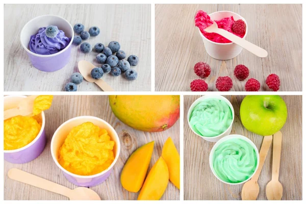 Collage aus vier verschiedenen gefrorenen cremigen Eisjoghurts — Stockfoto
