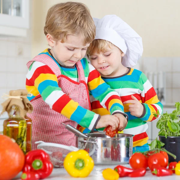 Two cute little kid boys cooking italian soup and meal with fres — Stock Image Two cute little kid boys cooking italian soup and meal with fres Royalty Free Stock Images