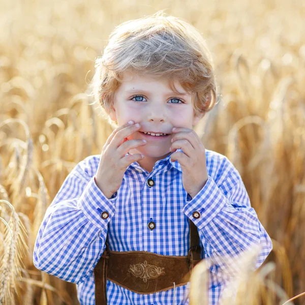 Drôle petit garçon en cuir shors, marche à travers blé fi — Photo