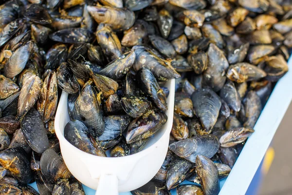 Färska musslor på fiskmarknaden bonde i Provence — Stockfoto