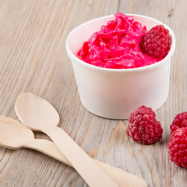 Bevroren romige ijs yoghurt met hele frambozen — Stockfoto