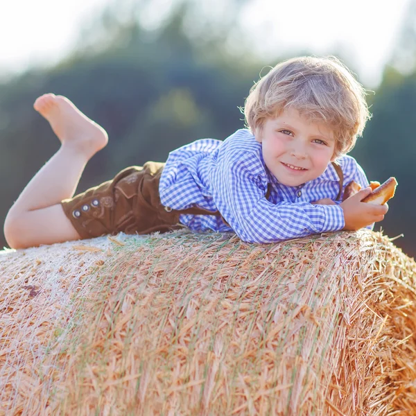 面白い小さな子供男の子干し草スタックの上に横たわると、笑みを浮かべて — ストック写真