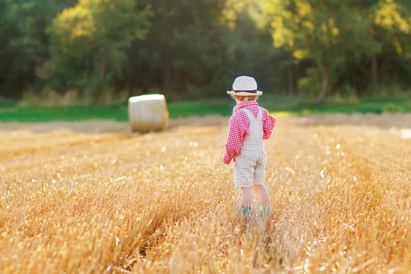 Drôle petit garçon tout-petit en cuir shors, marche à travers whea — Photo