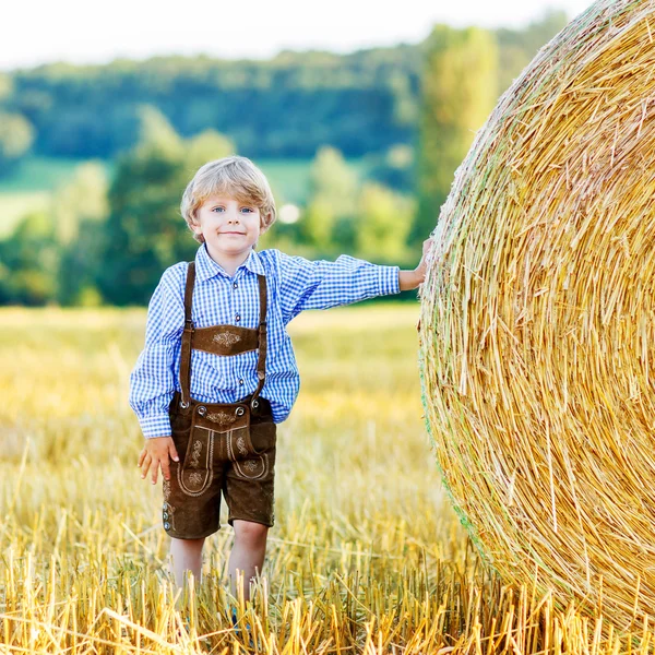 Adorable little kid boy having fun with hay stack on wheat field — Stock Photo, Image