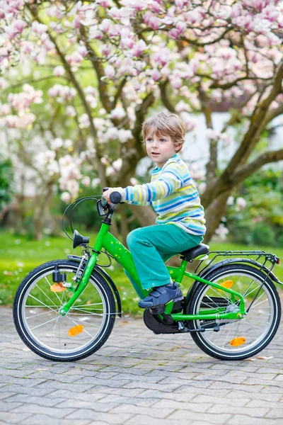 就学前の子供男の子で彼の最初の自転車に乗って — ストック写真