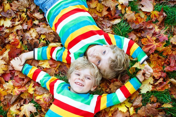 Två kid lite pojkar om i höstlöv i färgglada kläder — Stockfoto