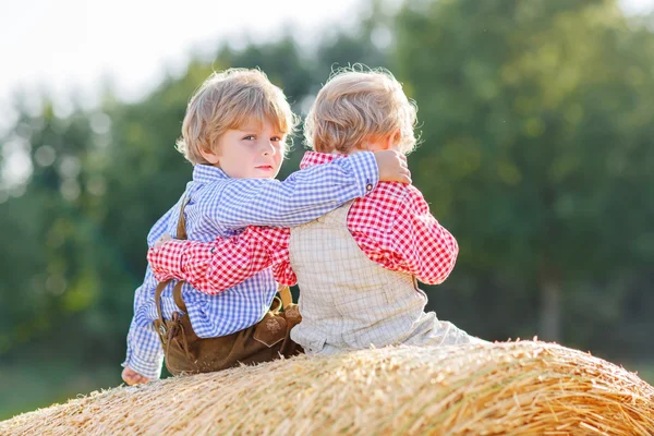 Twee kleine vrienden en vrienden zittend op hooi stapel — Stockfoto