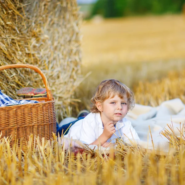 Ragazzino di 3 anni che fa picnic sul campo di fieno giallo in summe — Foto Stock