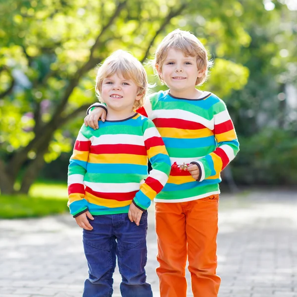 Two little kid boys in colorful clothing walking hand in hand