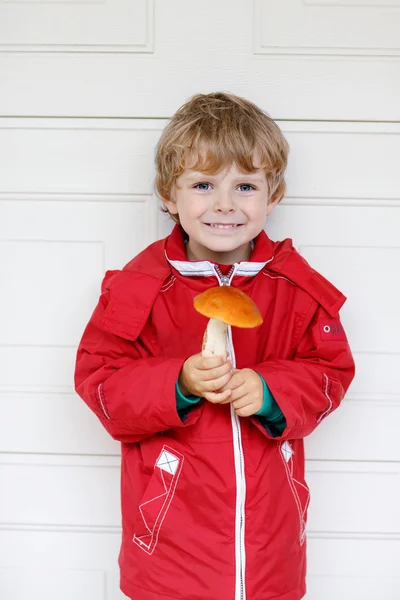 Little kid boy holding big mushroom in hands. — 图库照片