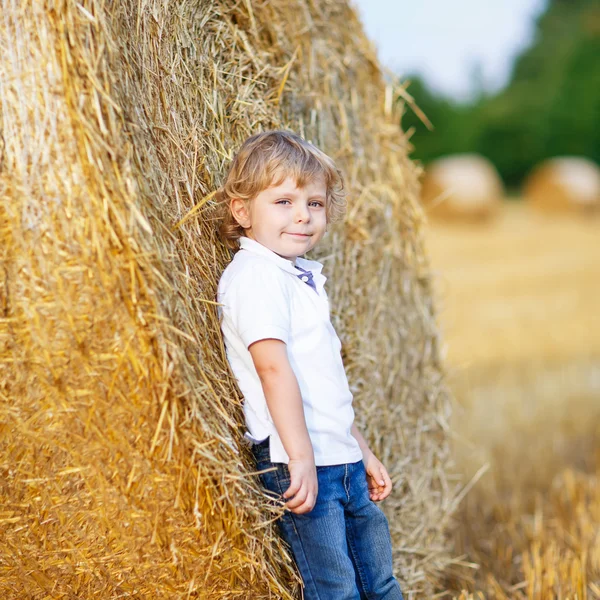 Cute blond little kid boy having fun on hay field — Stock Photo, Image