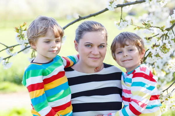 Ung mamma och två små tvillingar pojkar har roligt i blommande ga — Stockfoto