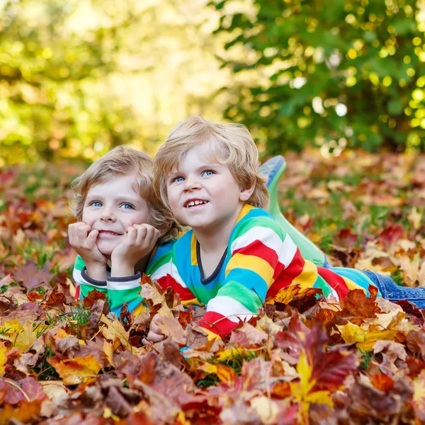 Two little kid boys laying in autumn leaves in colorful clothing — Stock Photo, Image
