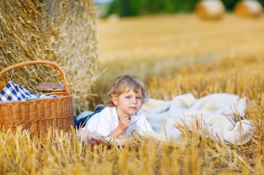 küçük çocuk 3 yıllık piknik summe alanında sarı saman
