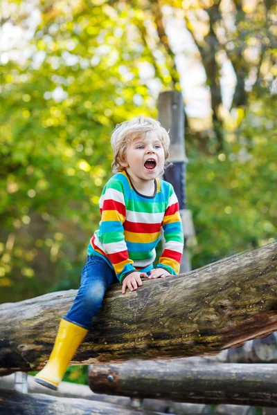 Ragazzino si diverte nel parco giochi autunnale — Foto Stock