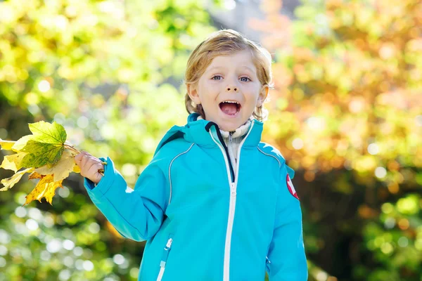 Liten gutt med gule høstblader i parken – stockfoto