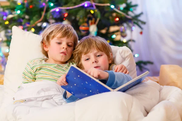 Two little blond sibling boys reading a book on Christmas — Stock Photo, Image