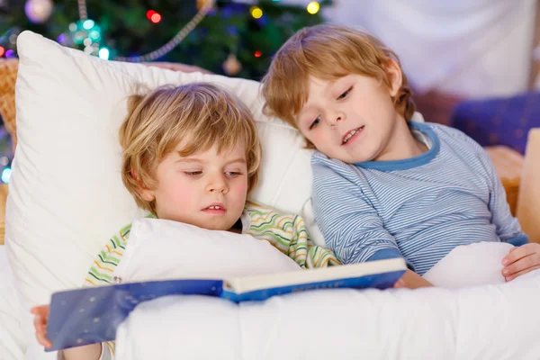 Two little blond sibling boys reading a book on Christmas — Stock Photo, Image