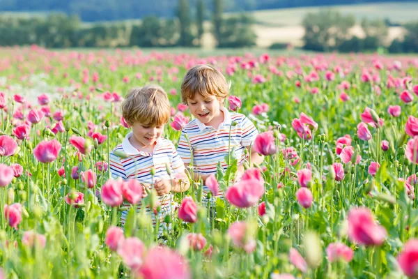 Twee gelukkige kleine blonde kinderen tijdens de bloei poppy veld — Stockfoto