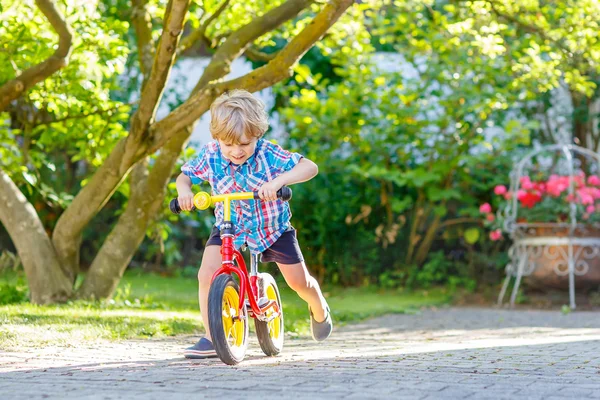 Niño niño conduciendo triciclo o bicicleta en el jardín —  Fotos de Stock
